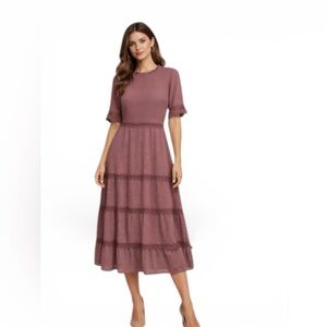 Lulus Mauve Swiss Dot Tiered Midi Dress Women’s Size L